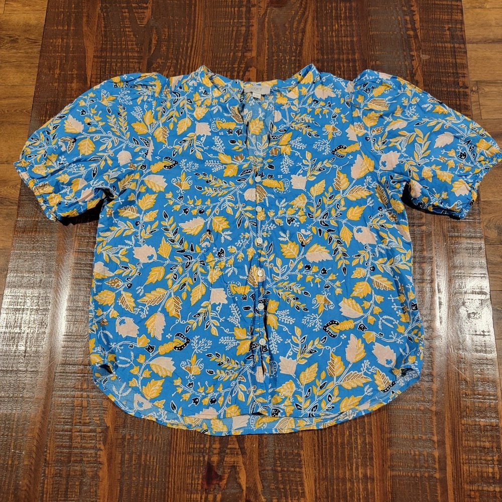 Loft Outlet Womens Medium Blue Floral Puffy Sleeve V-Neck Blouse Top 100% Cotton